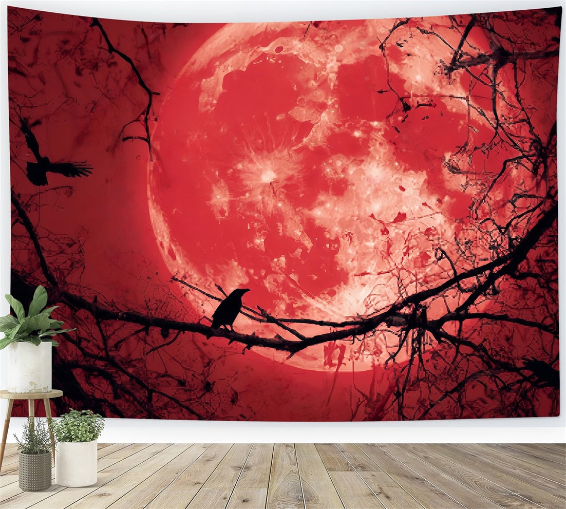 Halloween-Mond-Fotohintergrund Blutiger Mond Raben-Silhouette Halloween-Hintergründe TWW59-83