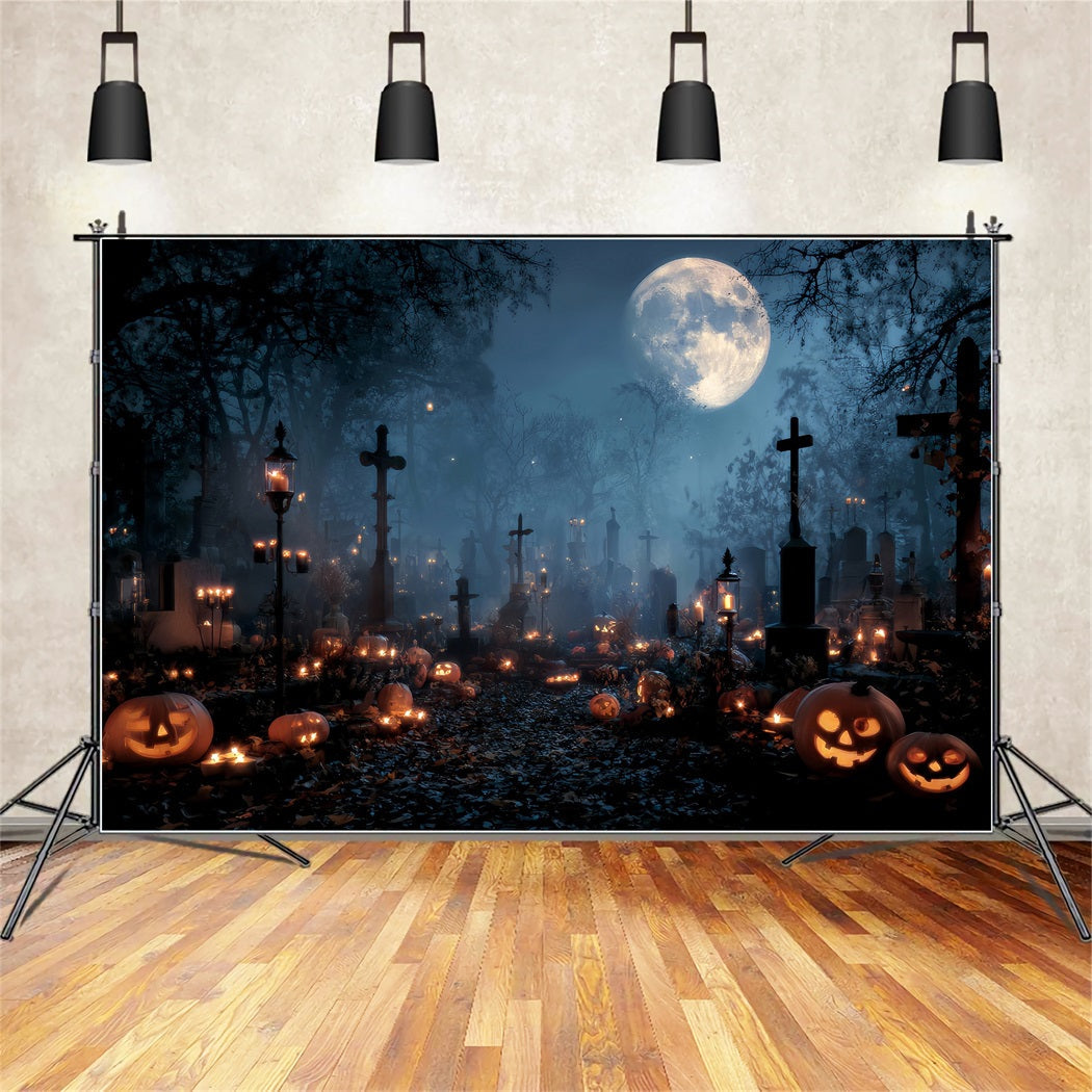 Halloween-Friedhof-Fotohintergrund Friedhof bei Kerzenschein Kürbiskreuze Halloween-Fotohintergrund TWW59-84
