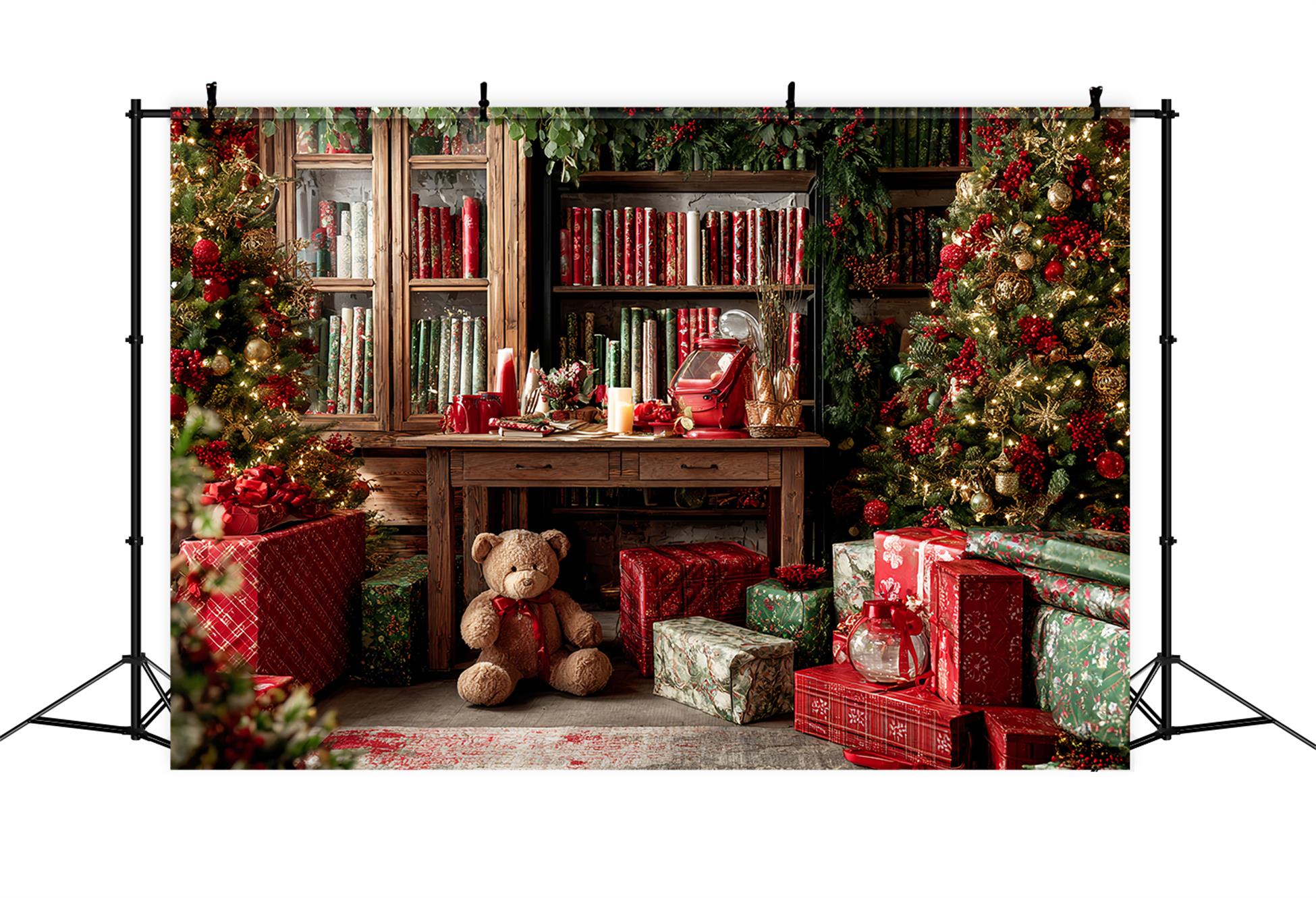 Weihnachtsmann-Werkstatt Fotohintergrund Weihnachtsgeschenkverpackung Gemütliche Bibliothek WeihnachtsFotohintergrund TWW59-85