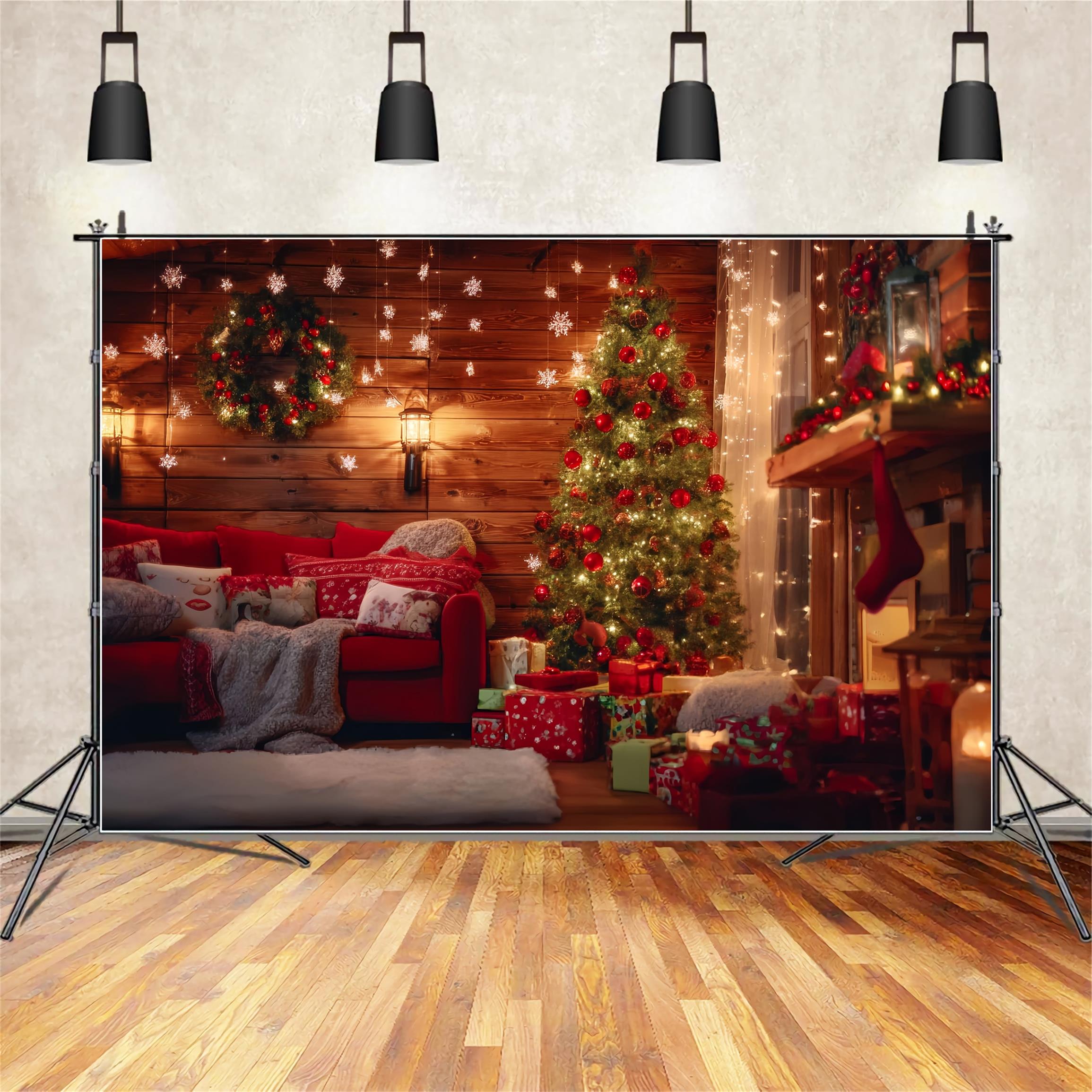 Weihnachtsmann-Werkstatt Fotohintergrund Rustikale Hütte Wohnzimmer Weihnachtsfoto Fotohintergrund TWW59-87