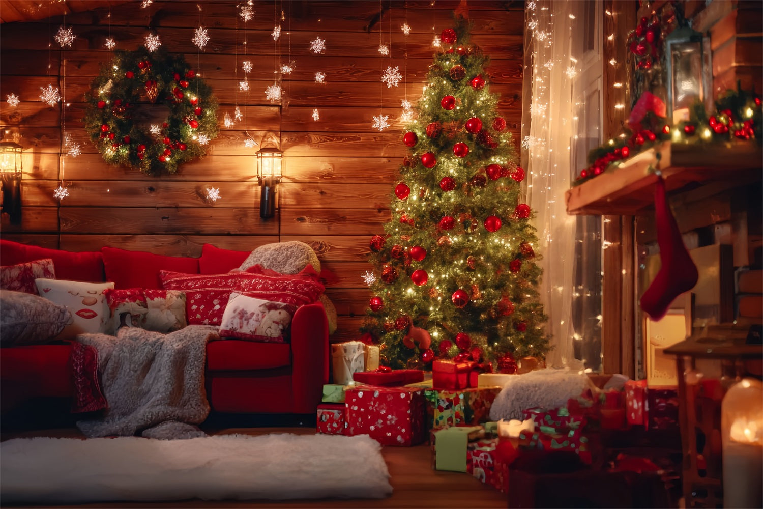 Weihnachtsmann-Werkstatt Fotohintergrund Rustikale Hütte Wohnzimmer Weihnachtsfoto Fotohintergrund TWW59-87