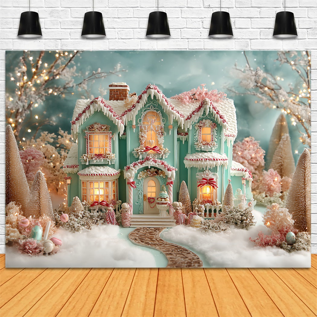 Lebkuchenhaus Fotohintergrund Frostige Pastell-Lebkuchenvilla Weihnachtsfoto Fotohintergrund TWW59-93