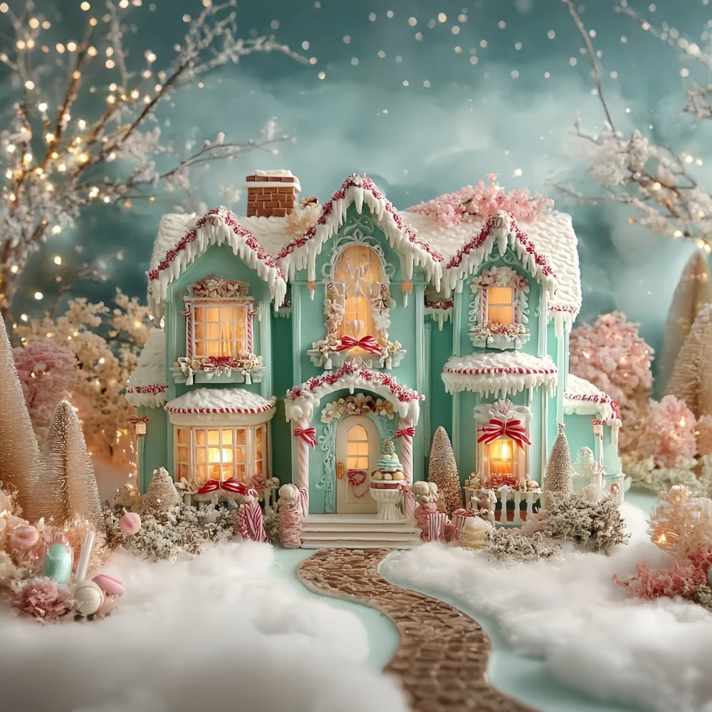 Lebkuchenhaus Fotohintergrund Frostige Pastell-Lebkuchenvilla Weihnachtsfoto Fotohintergrund TWW59-93