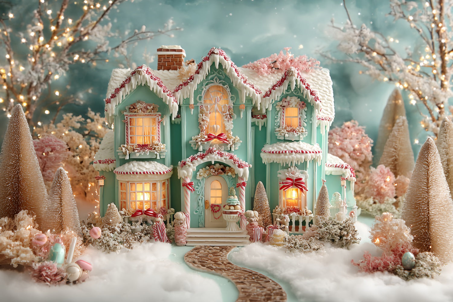 Lebkuchenhaus Fotohintergrund Frostige Pastell-Lebkuchenvilla Weihnachtsfoto Fotohintergrund TWW59-93