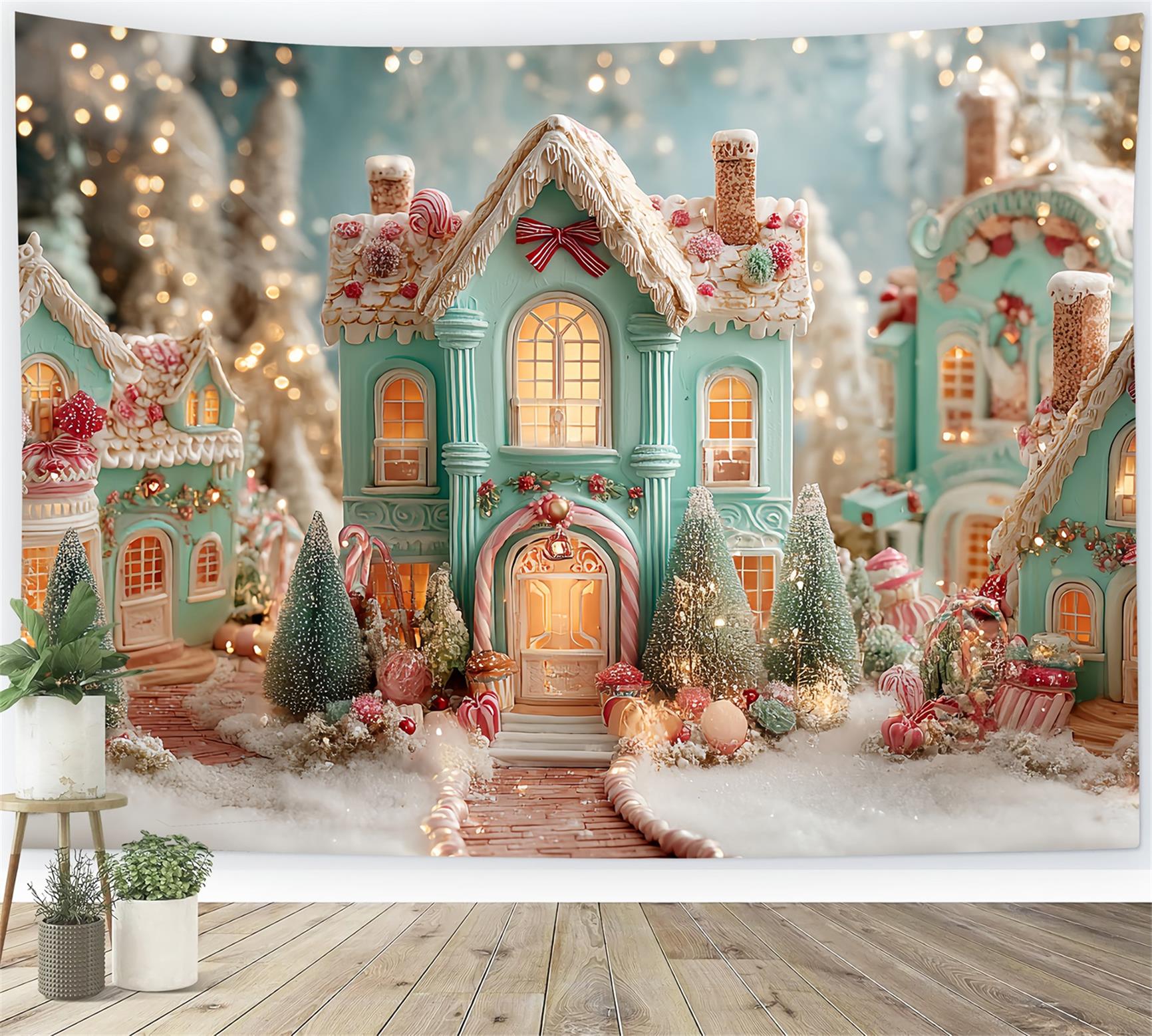 Lebkuchenhaus Fotohintergrund Süßigkeiten-Dorf Lebkuchenhäuser WeihnachtsFotohintergrund-Ideen TWW59-94
