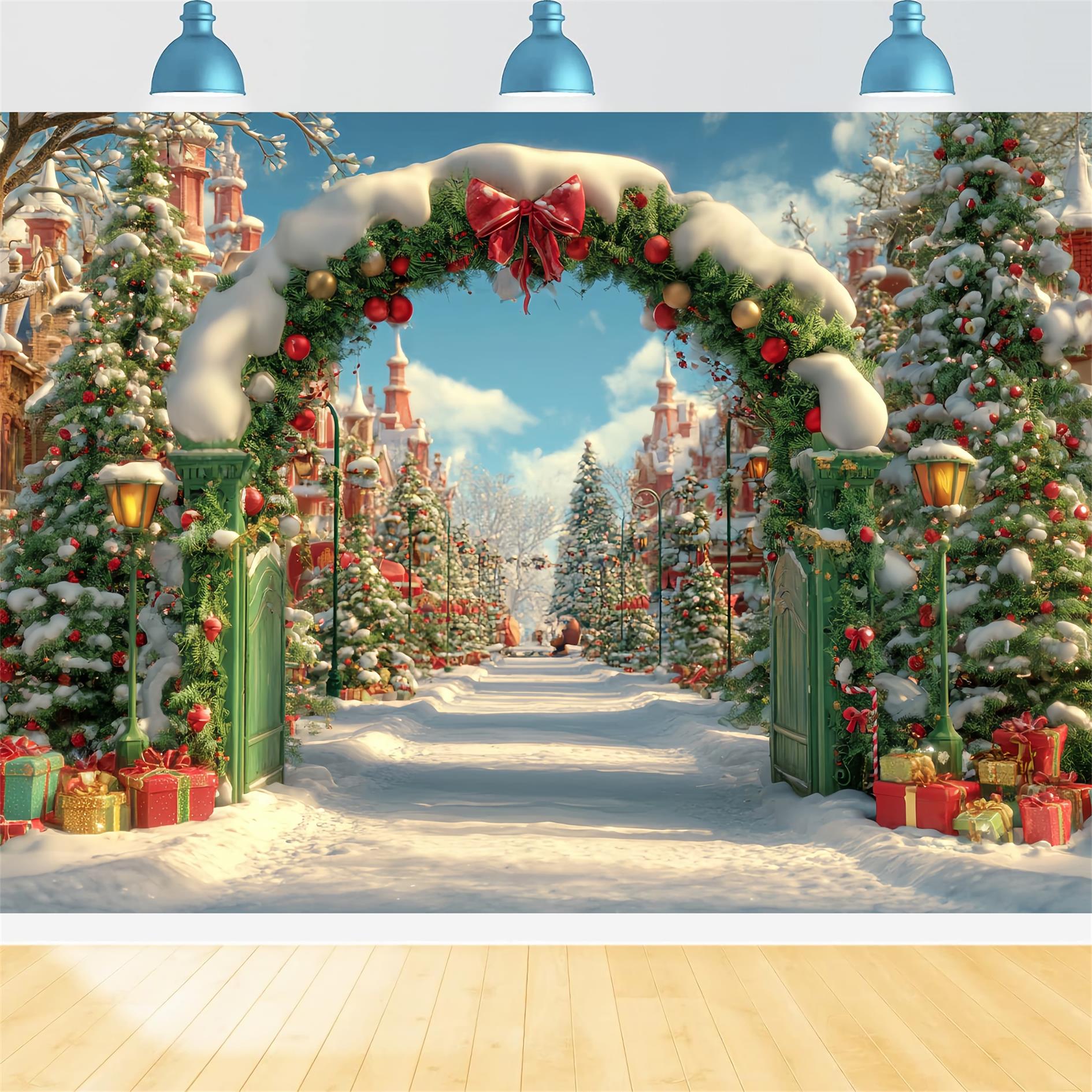 Weihnachts-Land Fotohintergrund Verschneites Dorf Torbogen Weihnachtsfoto-Hintergründe TWW59-96