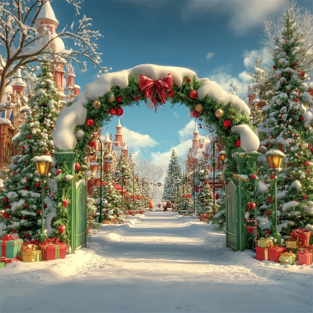 Weihnachts-Land Fotohintergrund Verschneites Dorf Torbogen Weihnachtsfoto-Hintergründe TWW59-96