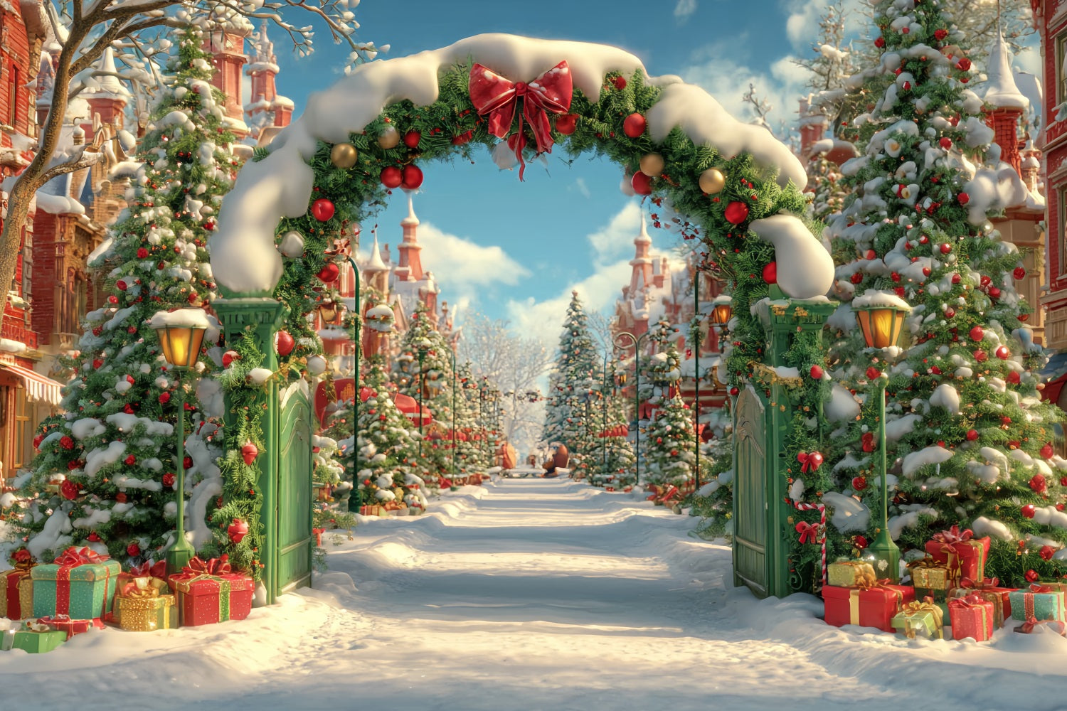 Weihnachts-Land Fotohintergrund Verschneites Dorf Torbogen Weihnachtsfoto-Hintergründe TWW59-96
