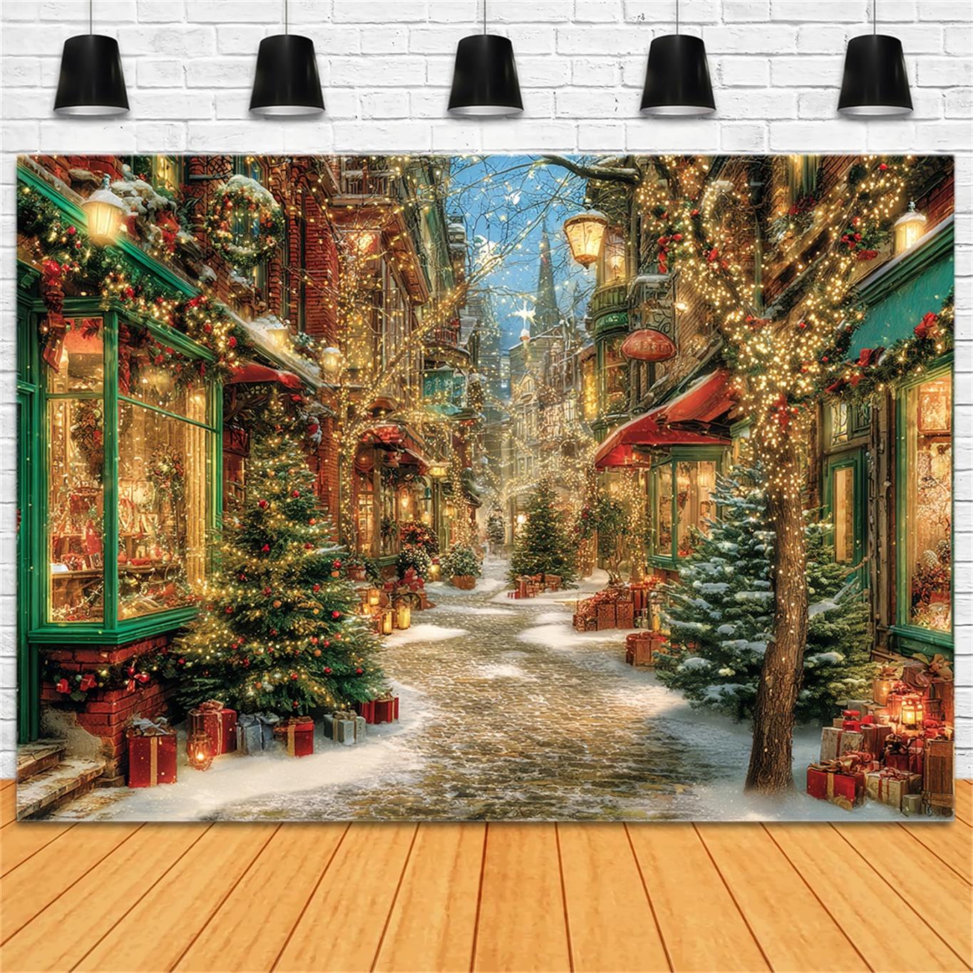 Weihnachtsdorf Fotohintergrund Funkelnde Straßenlaternen Weihnachtshintergründe für Fotos TWW59-97