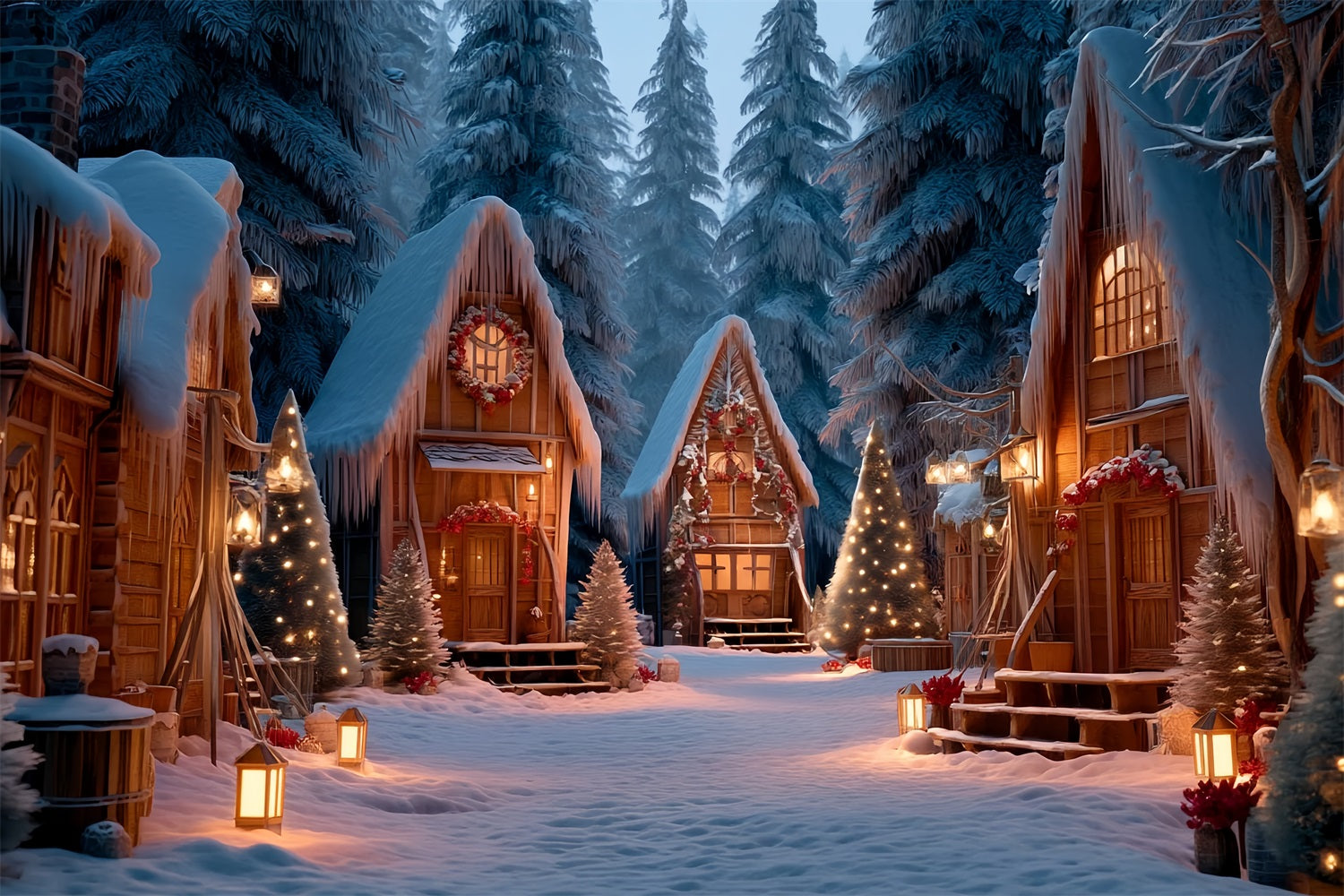 Weihnachts-Land Fotohintergrund Verschneite Hütte Winterdorf Weihnachtshintergründe TWW59-98