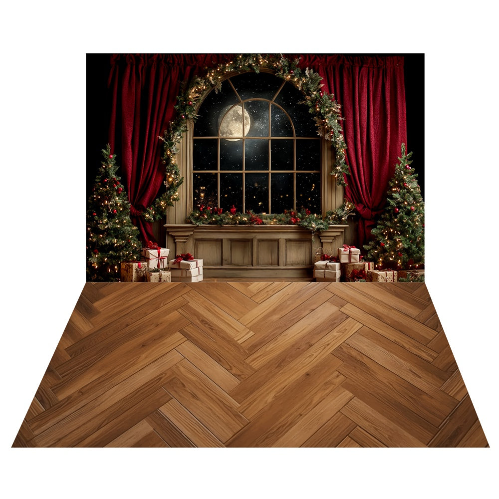 Mondschein-Weihnachtsfenster-Hintergrund+dunkler Holzboden-Hintergrund TWW6-109