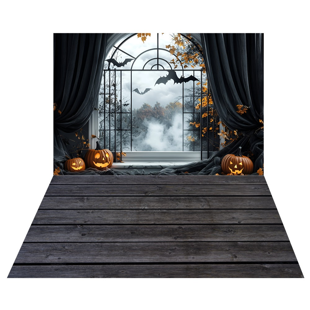 Fledermäuse Kürbisse Fenster Hintergrund+Rustikaler dunkler Boden Hintergrund TWW6-126