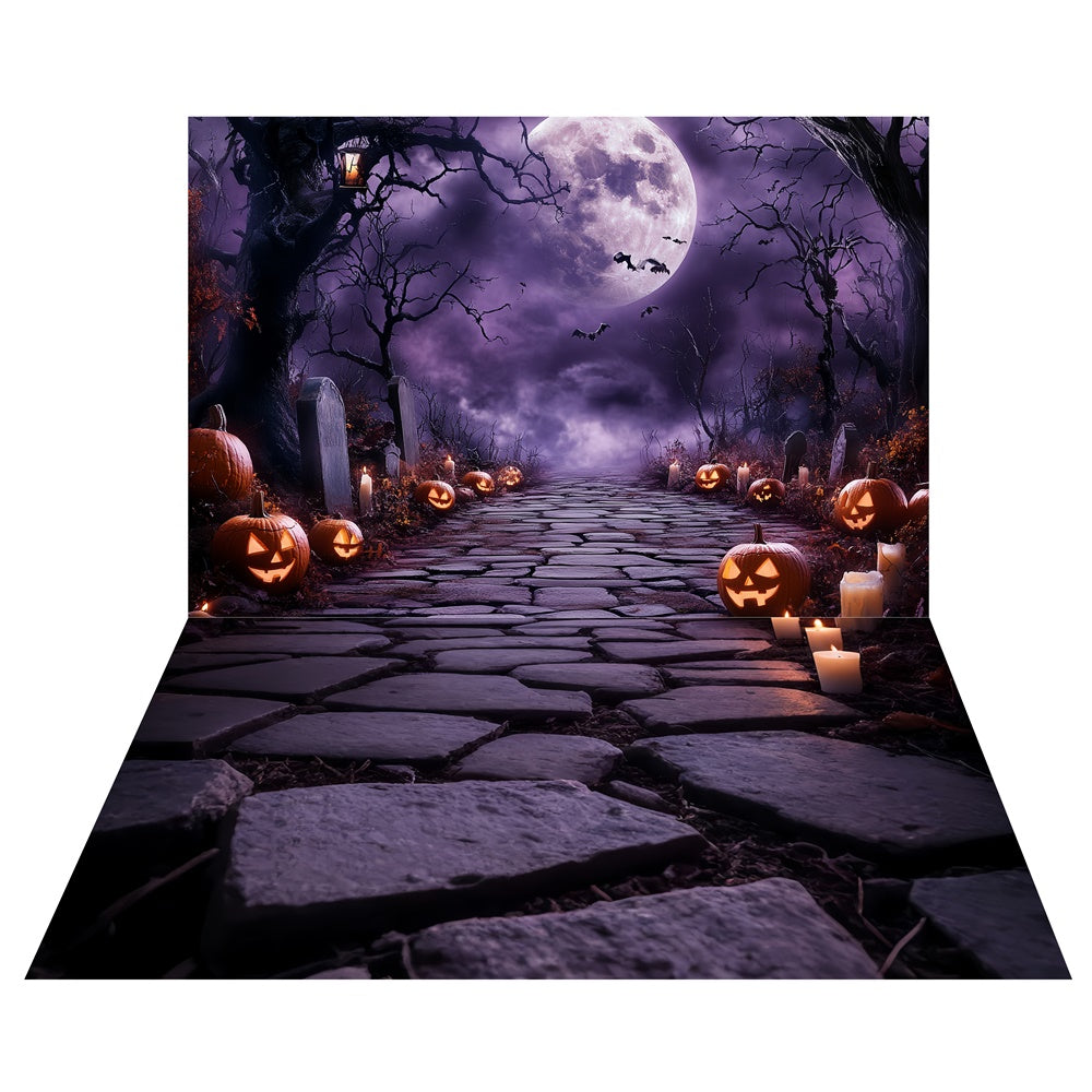 Lila Nacht-Friedhof-Hintergrund+Unebener Kopfsteinpflasterboden-Hintergrund TWW6-57