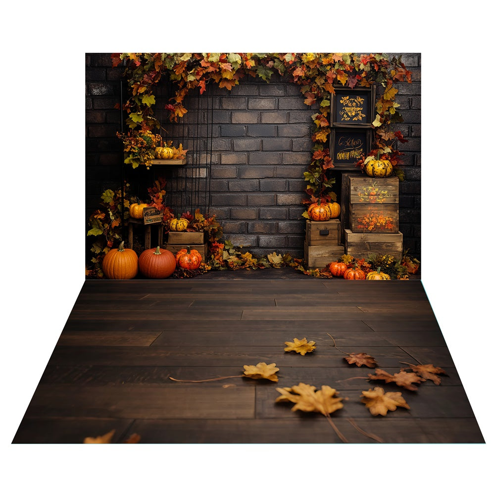 Herbst Ernte Backstein Hintergrund+Rustikale Blatt Boden Backdrop TWW6-82