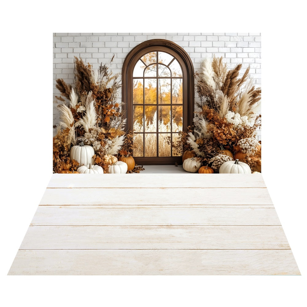 Weiße Backsteinbogen-Fenster-Hintergrundkulisse+Creme Holzboden-Hintergrundkulisse TWW6-83