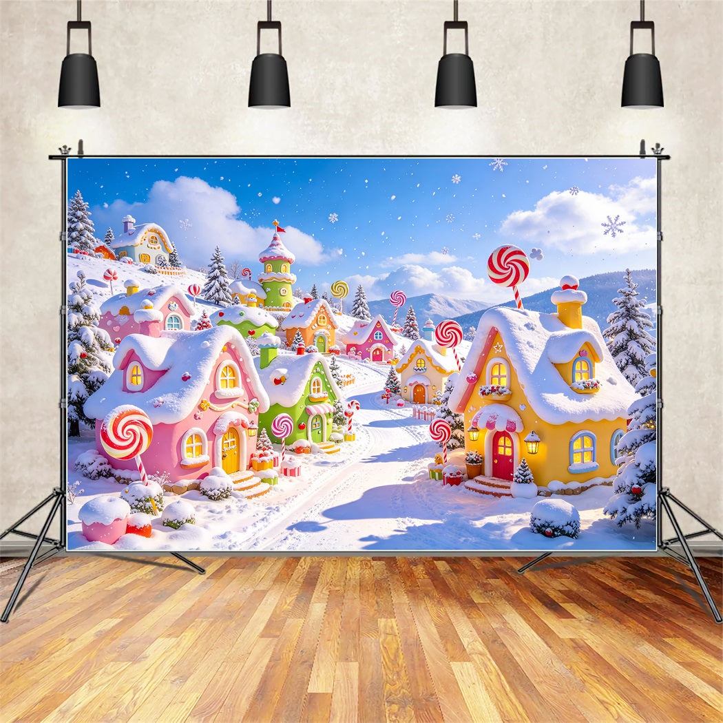 Weihnachtsdorf-Hintergrund Verschneites Pastellfarbenes Süßigkeitenhaus ZTT610-1