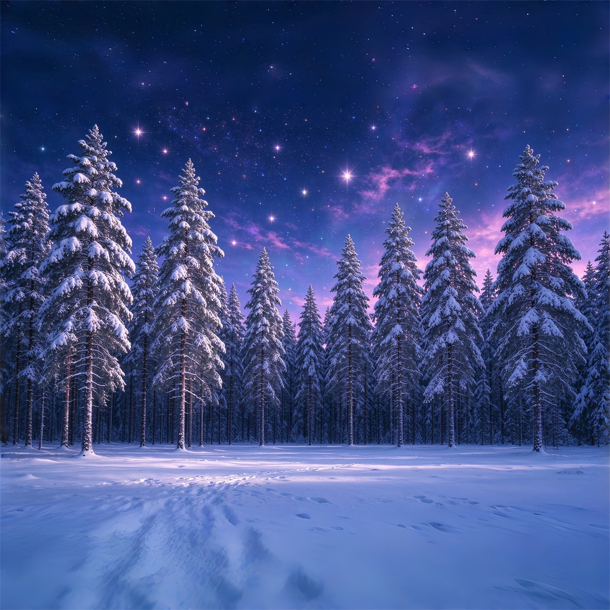 Weihnachtsbaum-Hintergrund Violetter Sternenhimmel Verschneiter Wald ZTT610-12