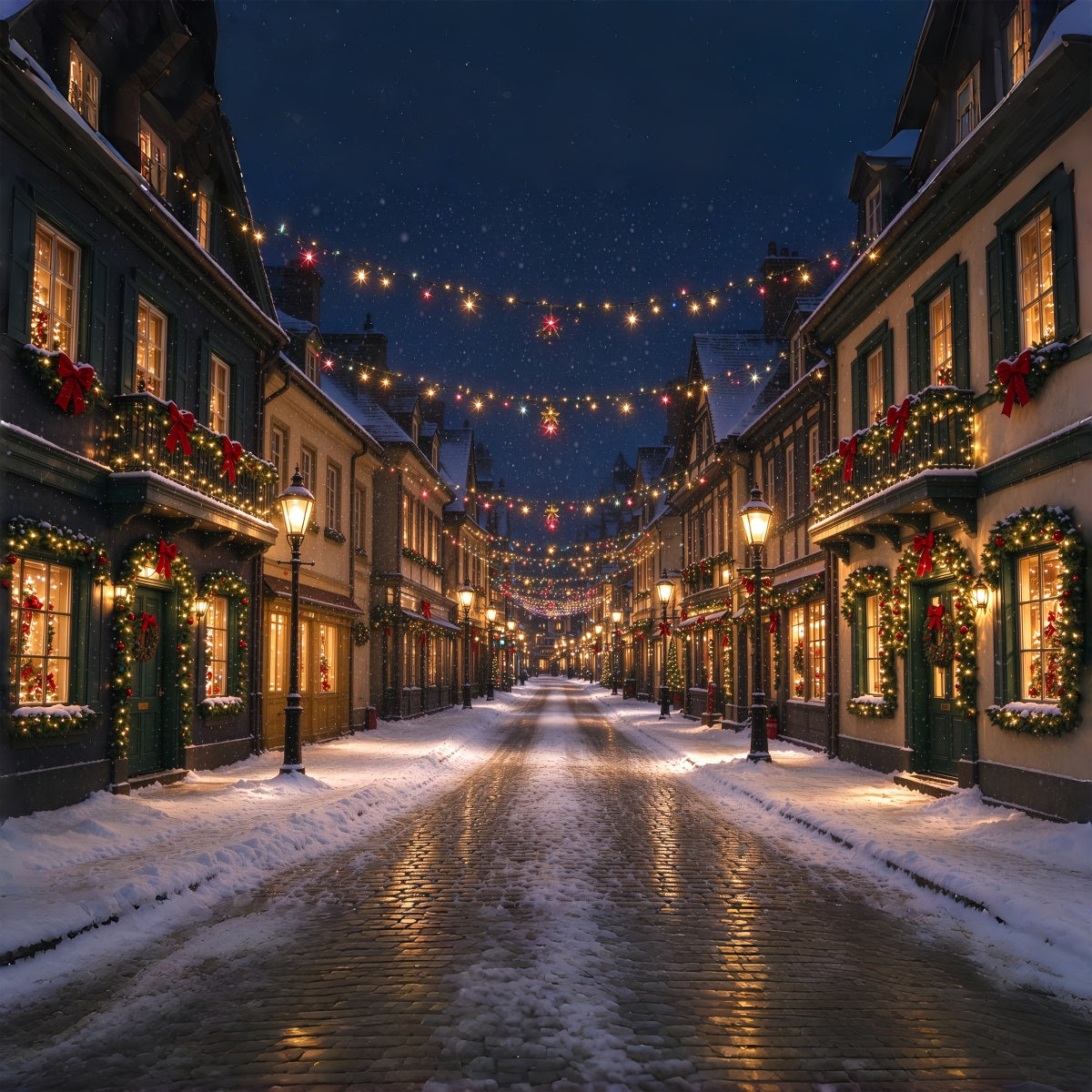 Weihnachtsdorf-Hintergrund Beleuchtete Verschneite Straße ZTT610-14