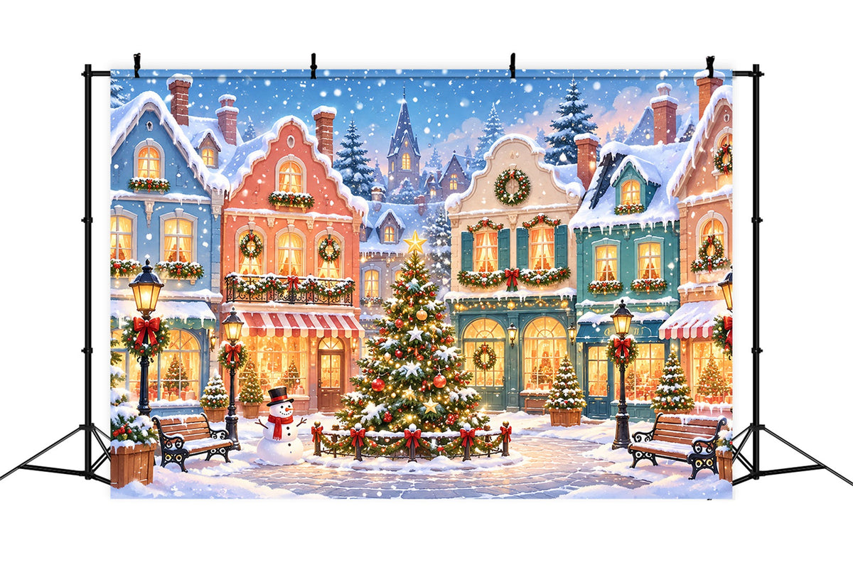 Weihnachtsstadt-Hintergrund Verschneiter Pastellfarbener Dorfplatz ZTT610-17