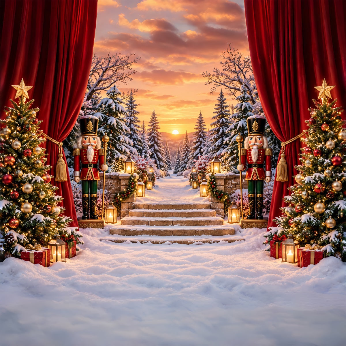 Weihnachtlicher Themenhintergrund Verschneiter Waldeingang Nussknacker-Bühne ZTT610-29