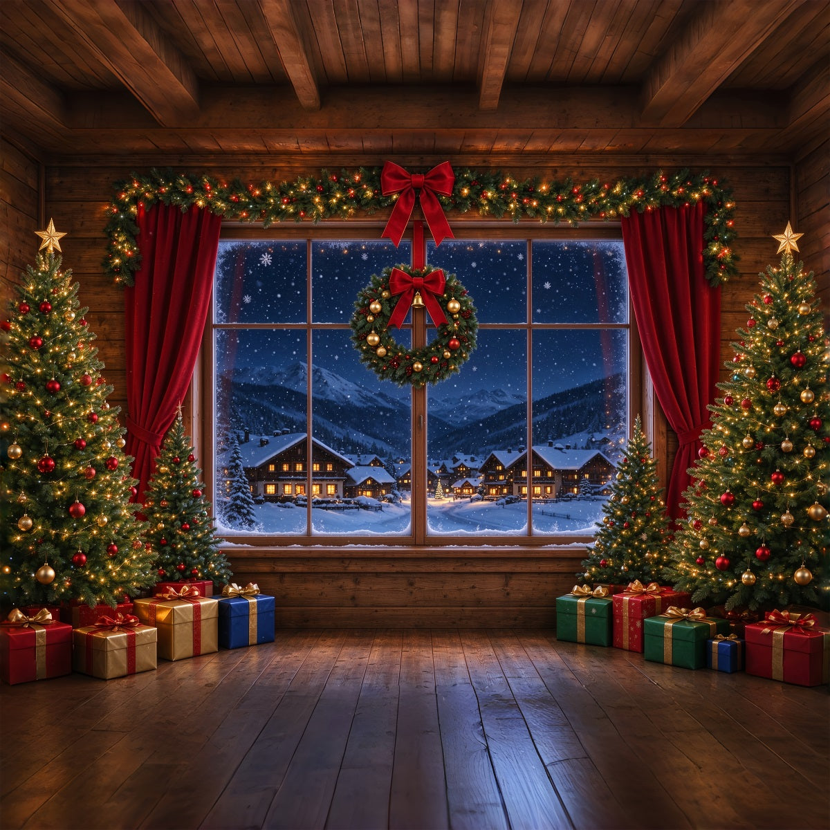 Weihnachtlicher Santa-Hintergrund Verschneites Dorf Fenster-Rückzugsort ZTT610-3