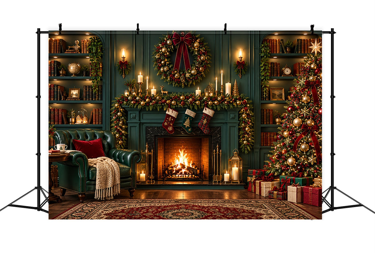 Weihnachtskamin-Hintergrund Vintage Smaragdgrüne Bibliothek Weihnachtssocken ZTT610-30