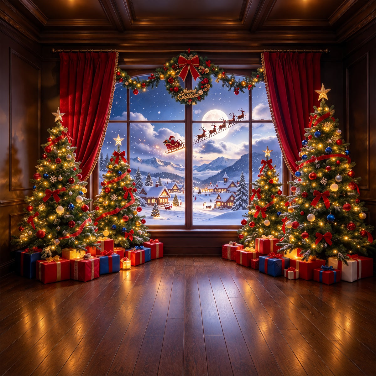 Weihnachtlicher Santa-Hintergrund Fensterblick Schlitten Schnee ZTT610-33