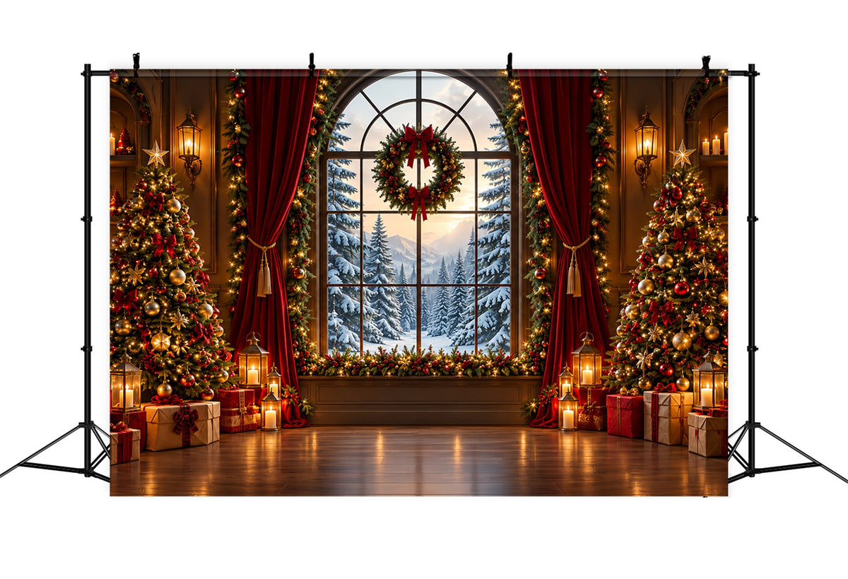 Weihnachtlicher Hintergrund Großes Fenster Verschneiter Wald ZTT610-35