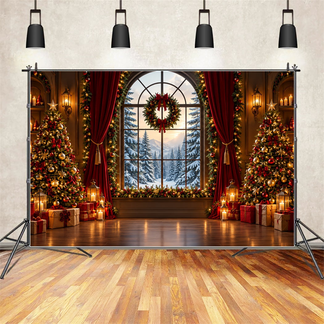 Weihnachtlicher Hintergrund Großes Fenster Verschneiter Wald ZTT610-35