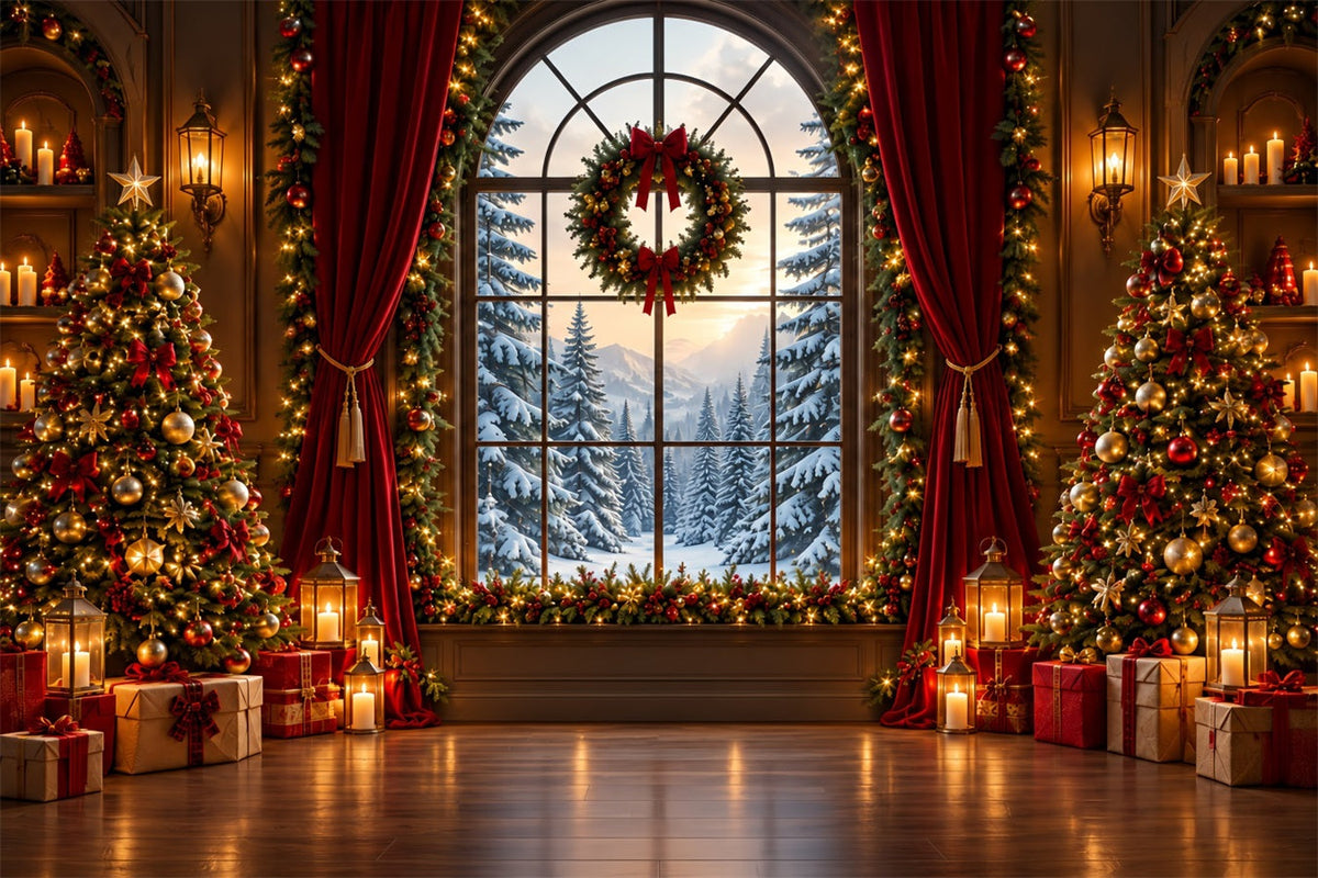 Weihnachtlicher Hintergrund Großes Fenster Verschneiter Wald ZTT610-35