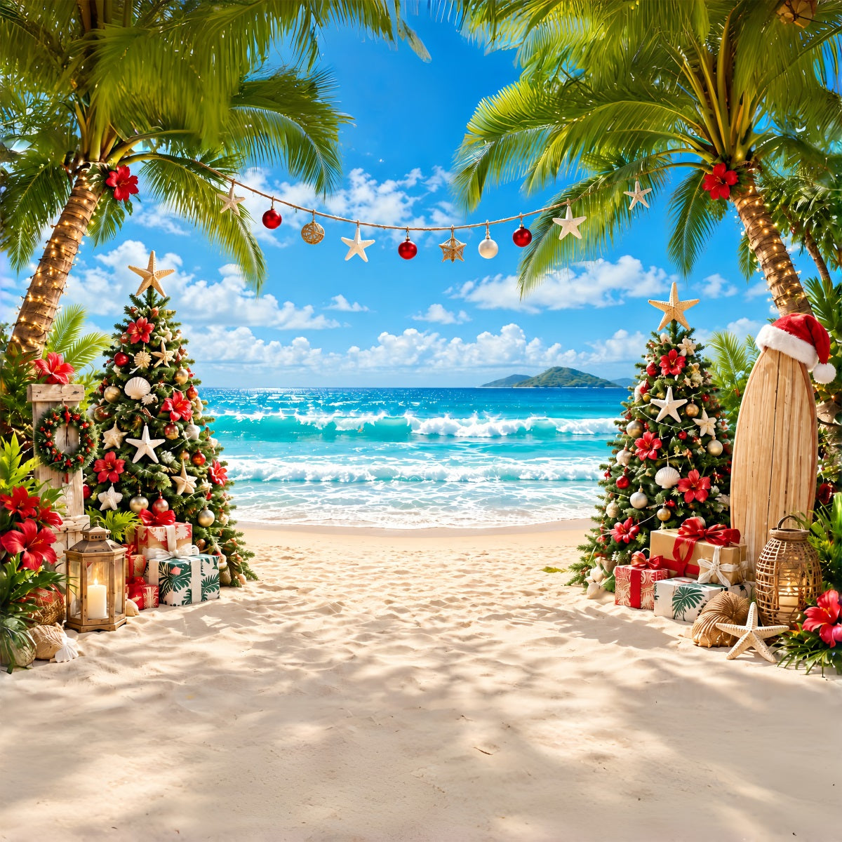 Tropischer Weihnachtshintergrund Strand Meer Surfbrett Weihnachtsbaum ZTT610-37