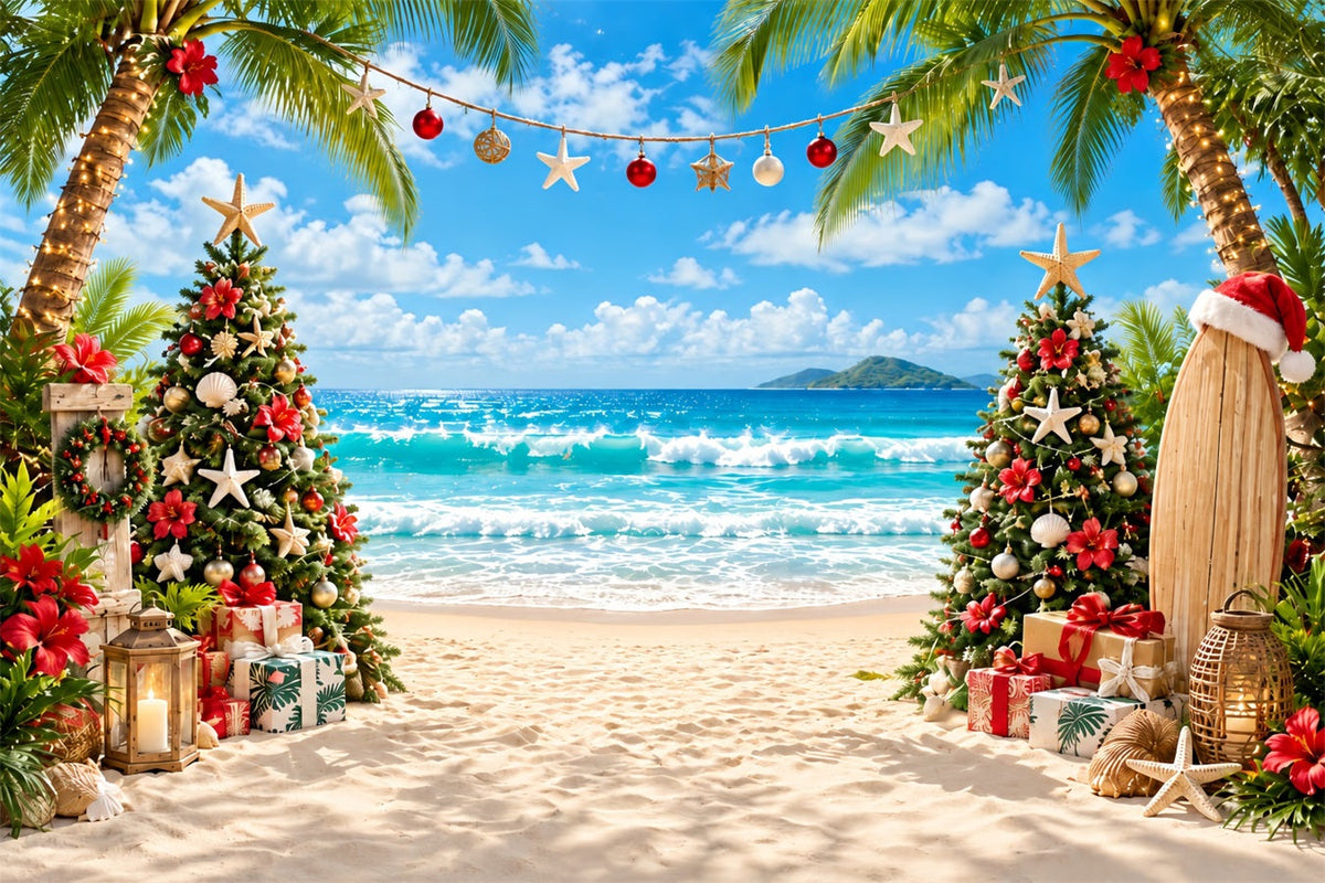 Tropischer Weihnachtshintergrund Strand Meer Surfbrett Weihnachtsbaum ZTT610-37