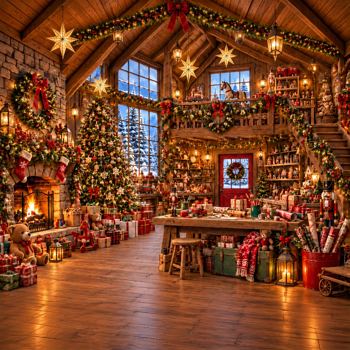 Weihnachtlicher Werkstatt-Hintergrund Rustikale Spielzeugwerkstatt Im Holzhaus ZTT610-39