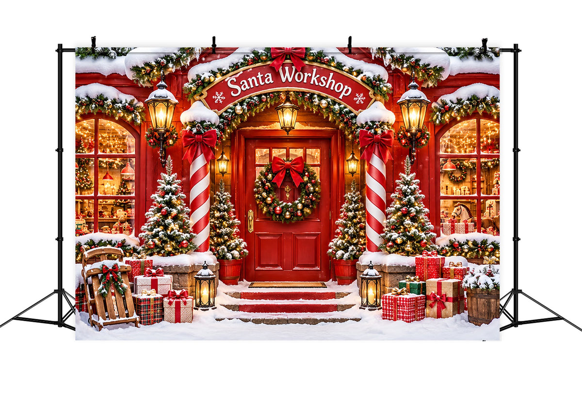 Weihnachtlicher Werkstatt-Hintergrund Verschneiter Hauseingang Rote Weihnachtsdekoration ZTT610-40