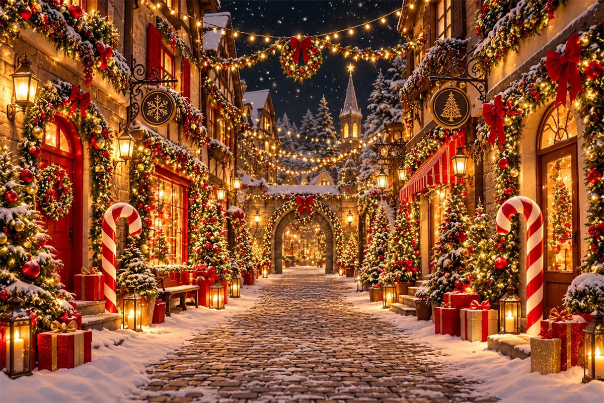 Weihnachtsdorf-Hintergrund Verschneite Kopfsteinpflasterstraße ZTT610-44