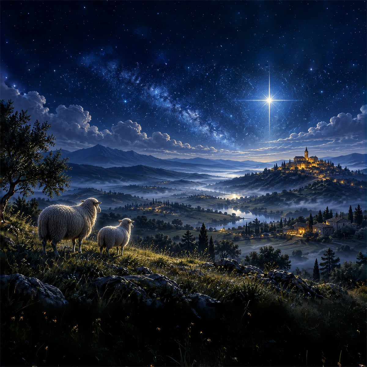 Krippenszene-Hintergrund Sternenklare Bethlehem-Hügel Schafe ZTT610-45