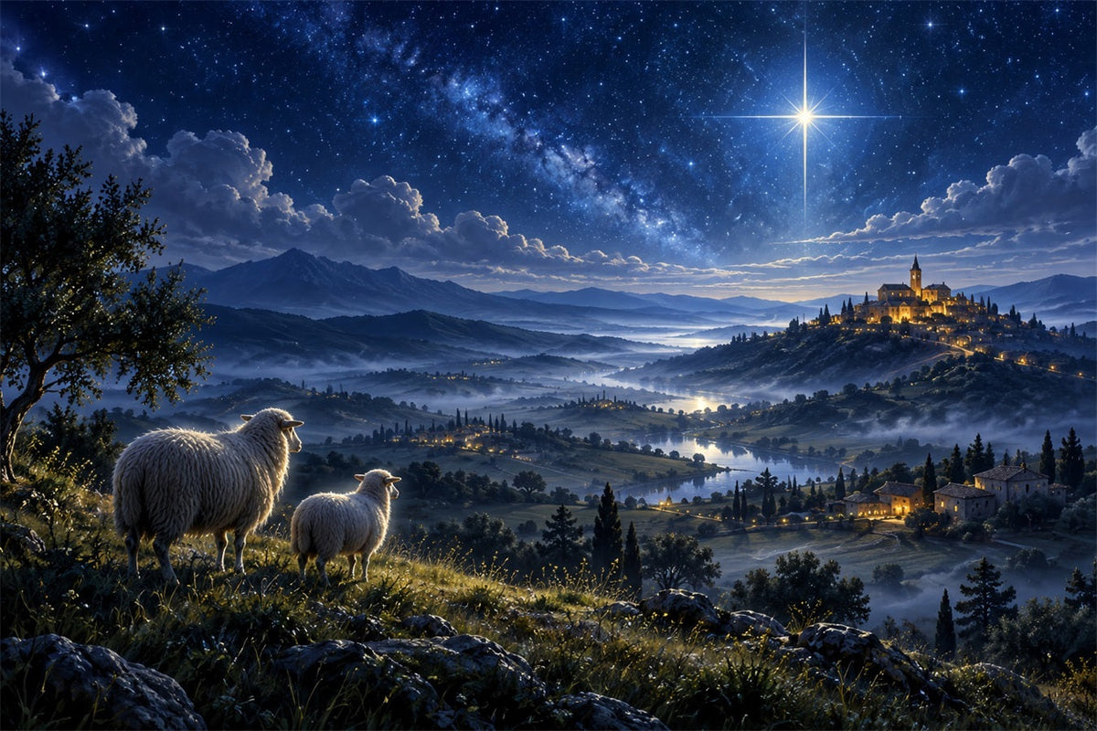 Krippenszene-Hintergrund Sternenklare Bethlehem-Hügel Schafe ZTT610-45