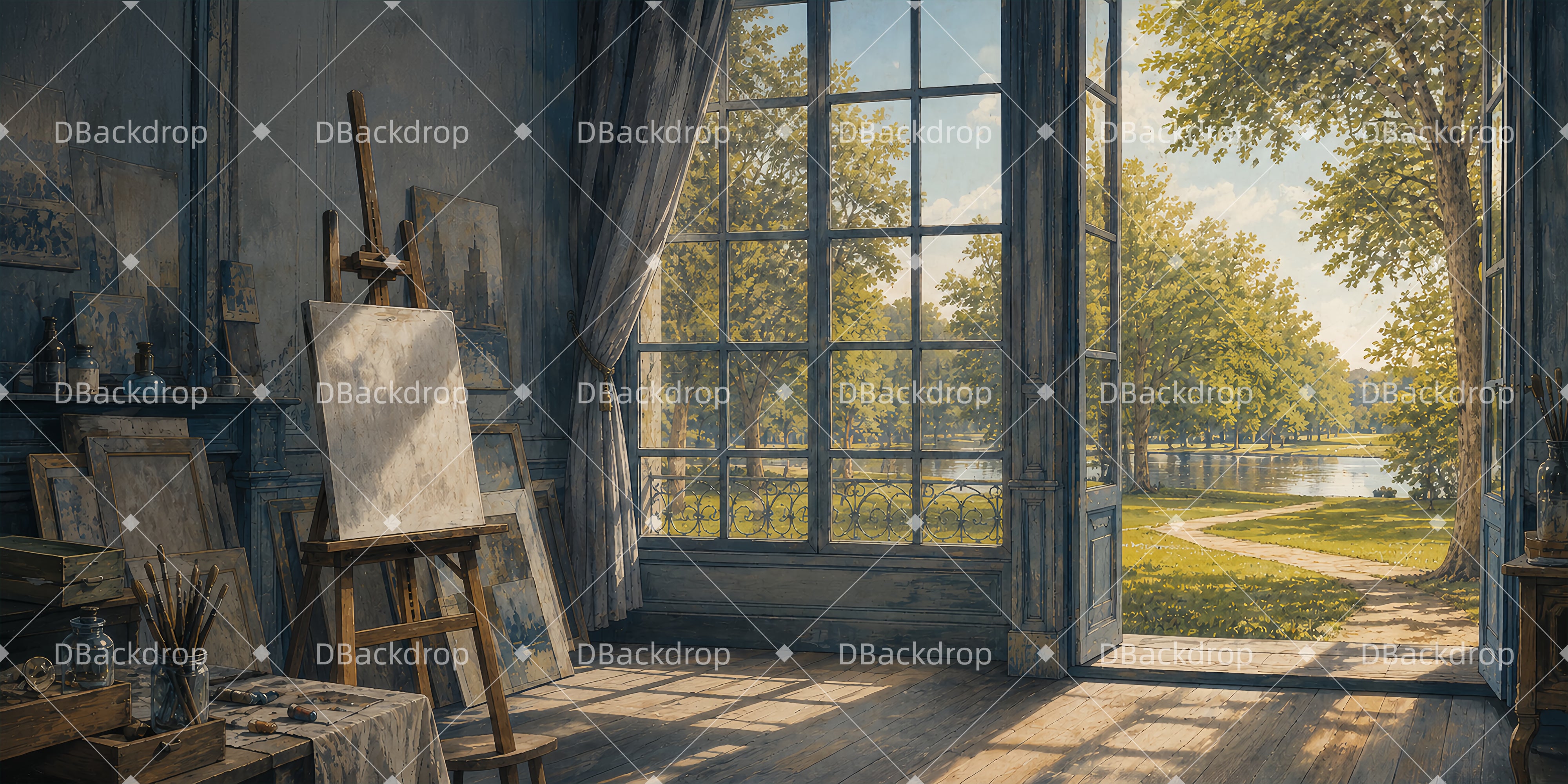 Theaterhintergrund Atelier mit Gartenblick Bühnenkulisse ZTT66-T82