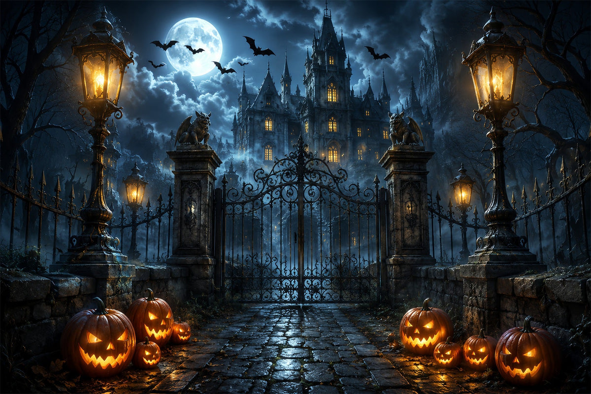 Halloween-FotohintergrundGotische Burg Kürbistor Gruseliger Halloween-Hintergrund ZTT67-12