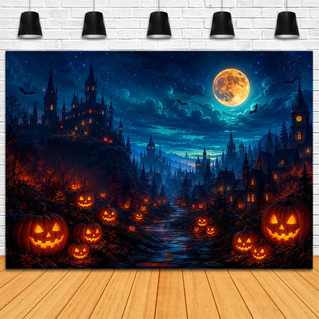 Halloween-Party-Fotohintergrund-IdeenLeuchtender Kürbis Schloss Tal Gruseliger Halloween-Hintergrund ZTT67-15