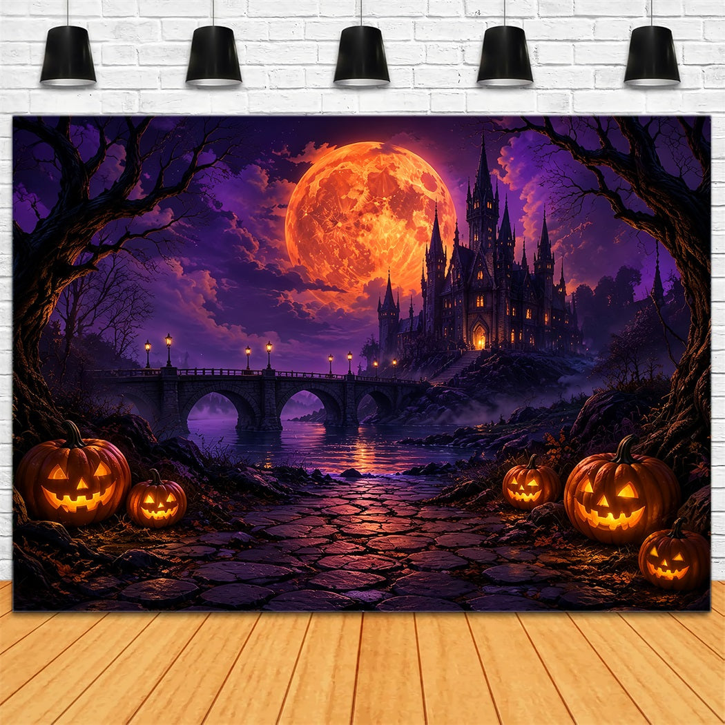 Gruselige Halloween-FotohintergründeFeuriger Mond Gotisches Schloss Fröhlicher Halloween-Hintergrund ZTT67-17