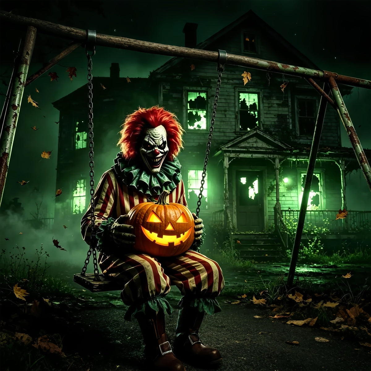 Halloween-Clown-Hintergrund Gotisches Haus Kürbisschaukel Halloween-Stoffhintergrund ZTT67-19