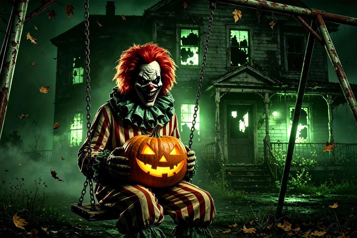 Halloween-Clown-Hintergrund Gotisches Haus Kürbisschaukel Halloween-Stoffhintergrund ZTT67-19