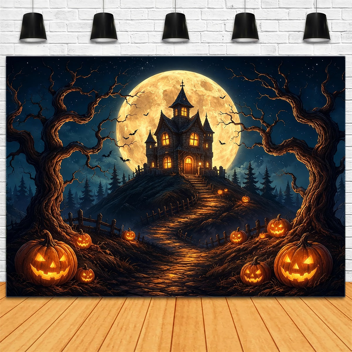 Halloween-FotohintergrundMondbeschienener Kürbis Spukhaus Diy-Halloween-Fotohintergrund ZTT67-20