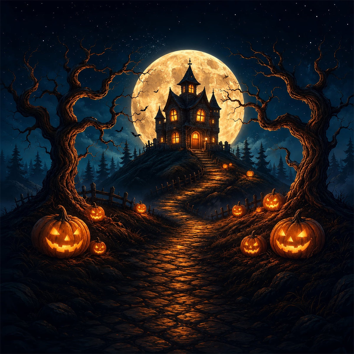 Halloween-FotohintergrundMondbeschienener Kürbis Spukhaus Diy-Halloween-Fotohintergrund ZTT67-20