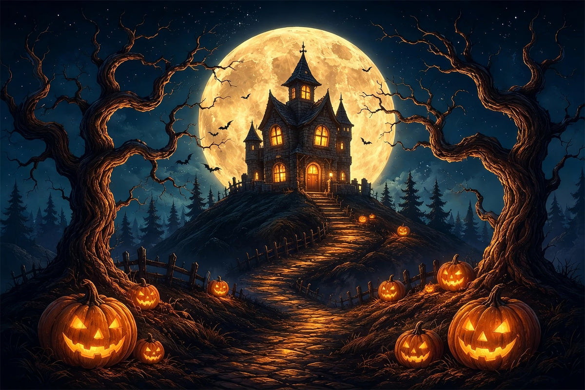 Halloween-FotohintergrundMondbeschienener Kürbis Spukhaus Diy-Halloween-Fotohintergrund ZTT67-20
