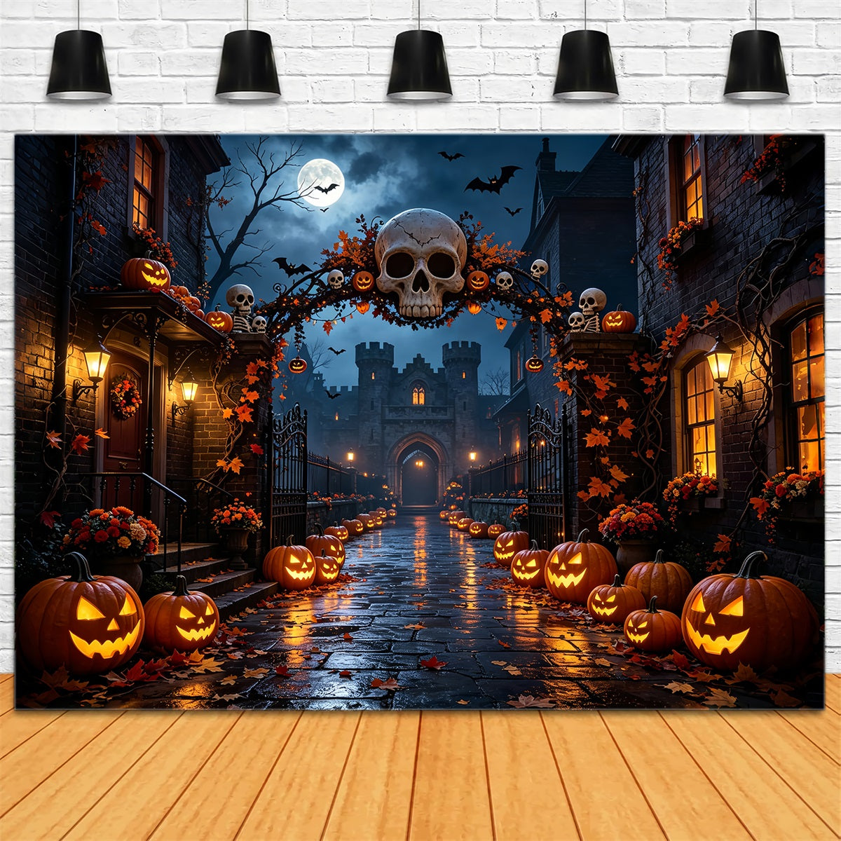 Halloween-Party-Hintergründe Totenkopfbogen Kürbisstraße Halloween-Fotokabinen-Hintergrund ZTT67-27