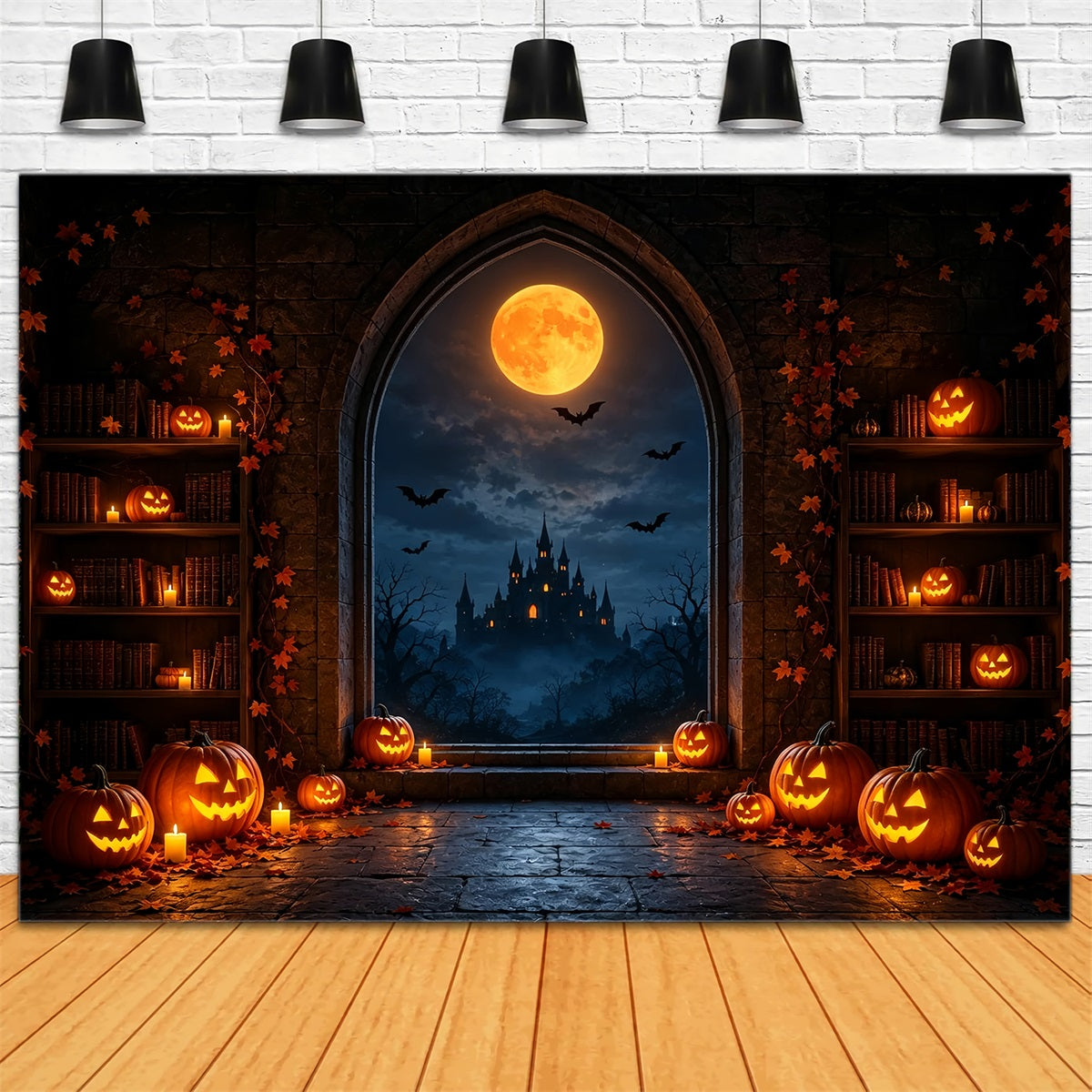Halloween-Mond-Hintergrund Kürbis Bibliothek Schlossfenster Halloween-Fotohintergründe ZTT67-28