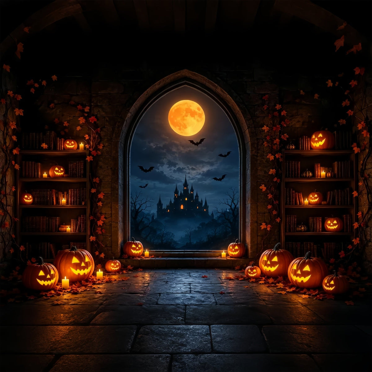 Halloween-Mond-Hintergrund Kürbis Bibliothek Schlossfenster Halloween-Fotohintergründe ZTT67-28