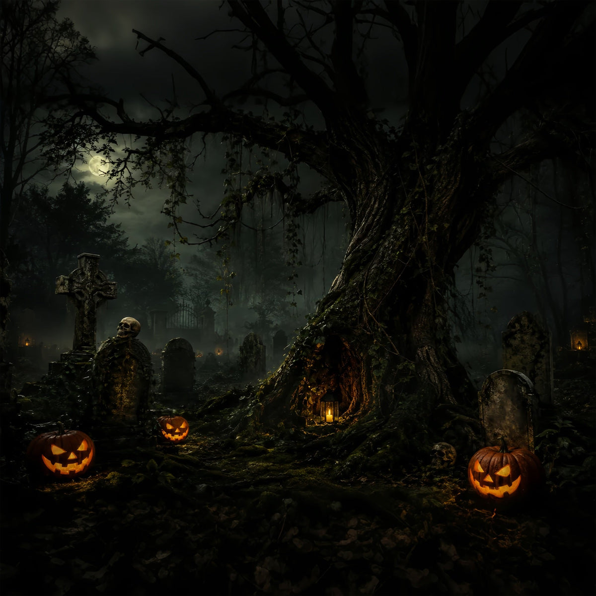 Benutzerdefinierte Halloween-KulisseMondbeschienener Friedhof Kürbisbaum Halloween-Friedhof-Kulisse ZTT67-34